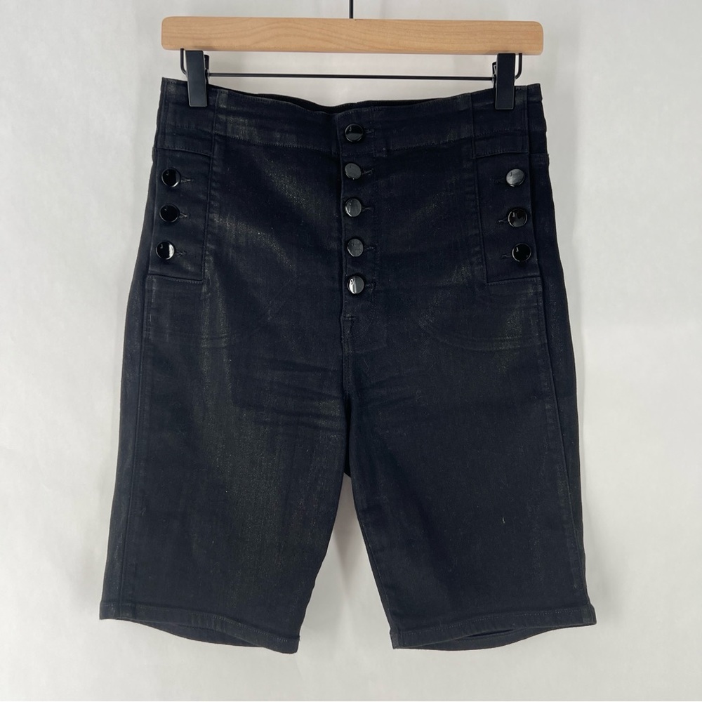 J Brand Natasha Stretch Coated Black Denim Button Fly High Rise Bermuda Shorts